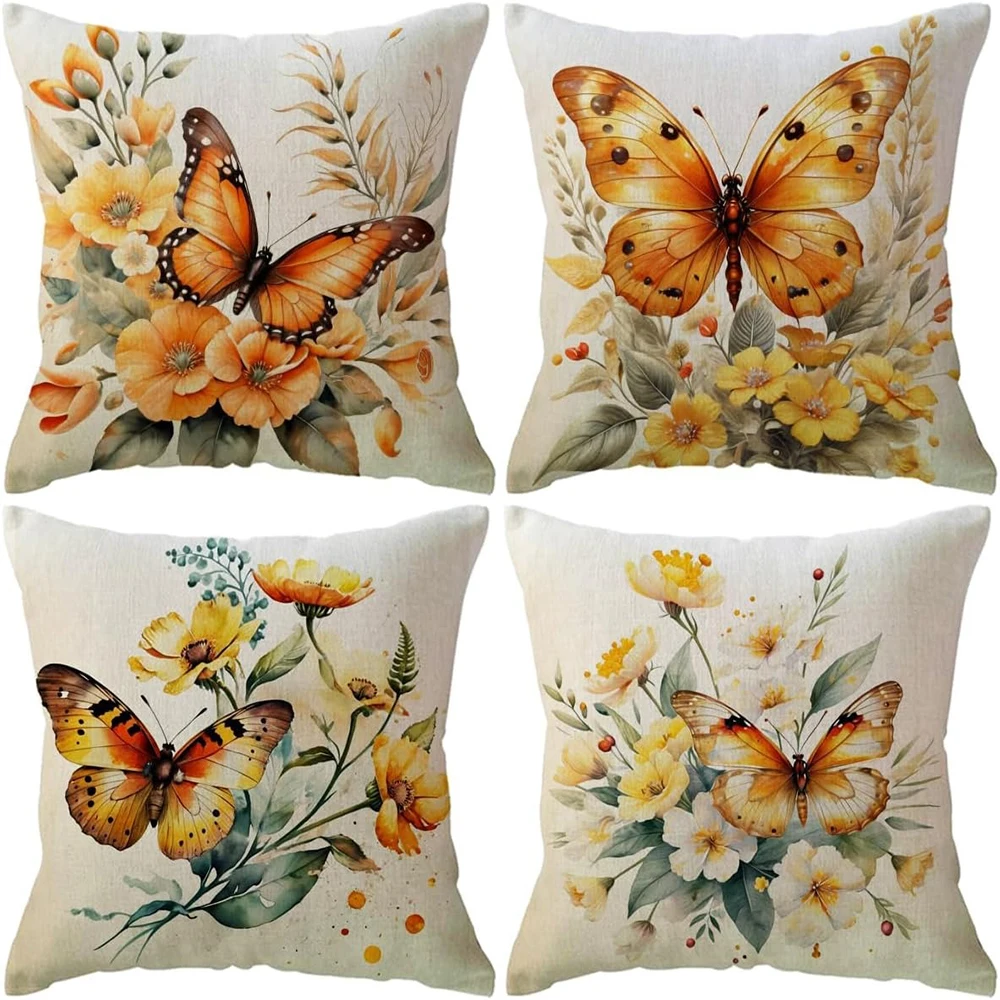 Funda de almohada de style Pastoral con mariposa naranja y crisantemo dorado, funda de cojín decova para sofá y dormitorio #1