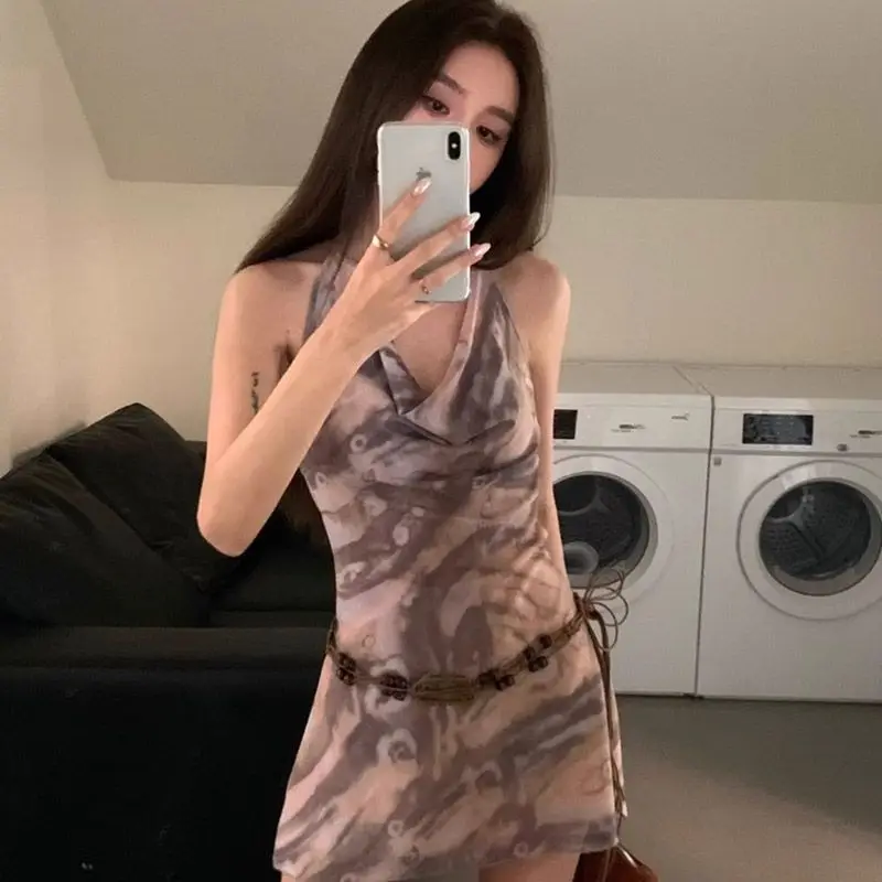 Tie-Dye Halter Dress Women's Summer American Style Short A-Line Skirt Sexy Top Waist Cinched Mini Dress for Trendy Girls