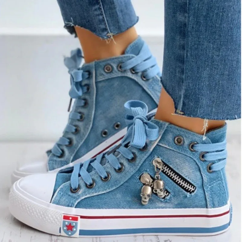 

Women Fashion Denim Casual Shoes Blue Metal Decoration High Top Flat Sneakers Vintage Style Vulcanized Footwear plus size 42 43