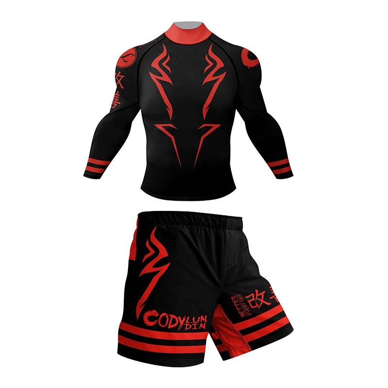 カスタムデザイン メンズMMAウェア ドライフィット スポーツシャツ+伸縮性バンド付きショーツ 抗ピリング 柔術 キックボクシング ラッシュガード 4点セット