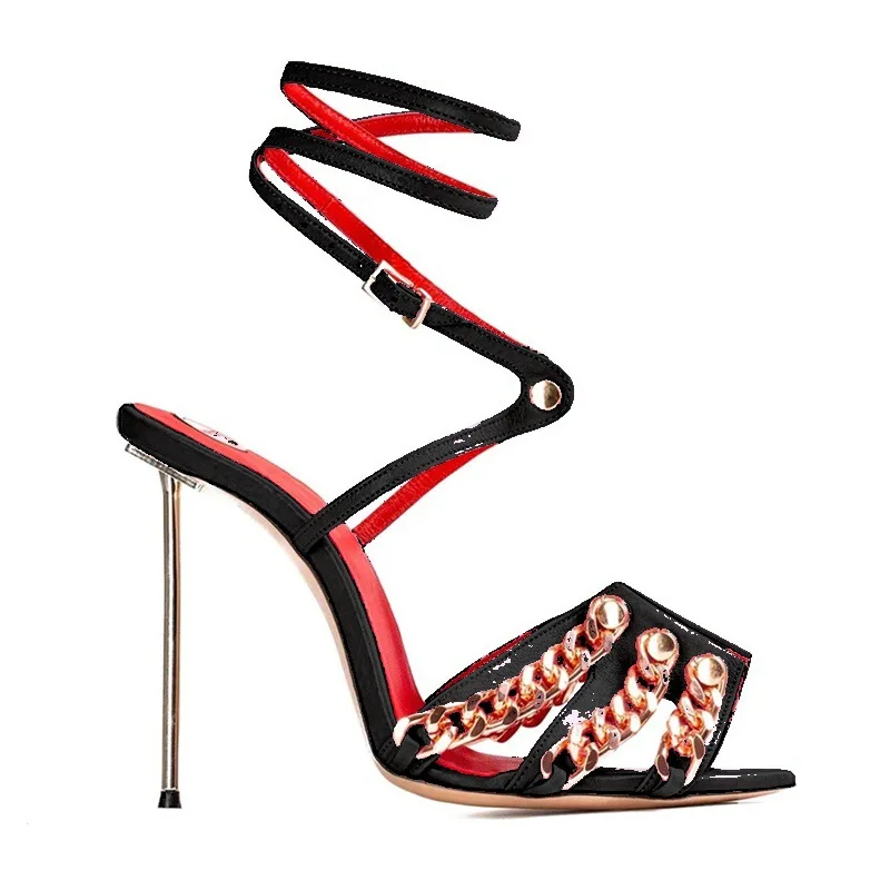 

Summer new pointed fish mouth leather rivet chain sexy sandals metal thin high-heeled banquet dress large size women's shoes