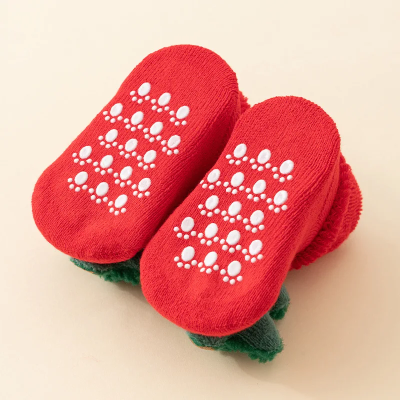 Baby Toddler Red Christmas Socks 0-3Y - Terry Fleece Lined Thick Warm Anti-Slip Floor Socks Cute Santa Claus and Elk Doll Socks