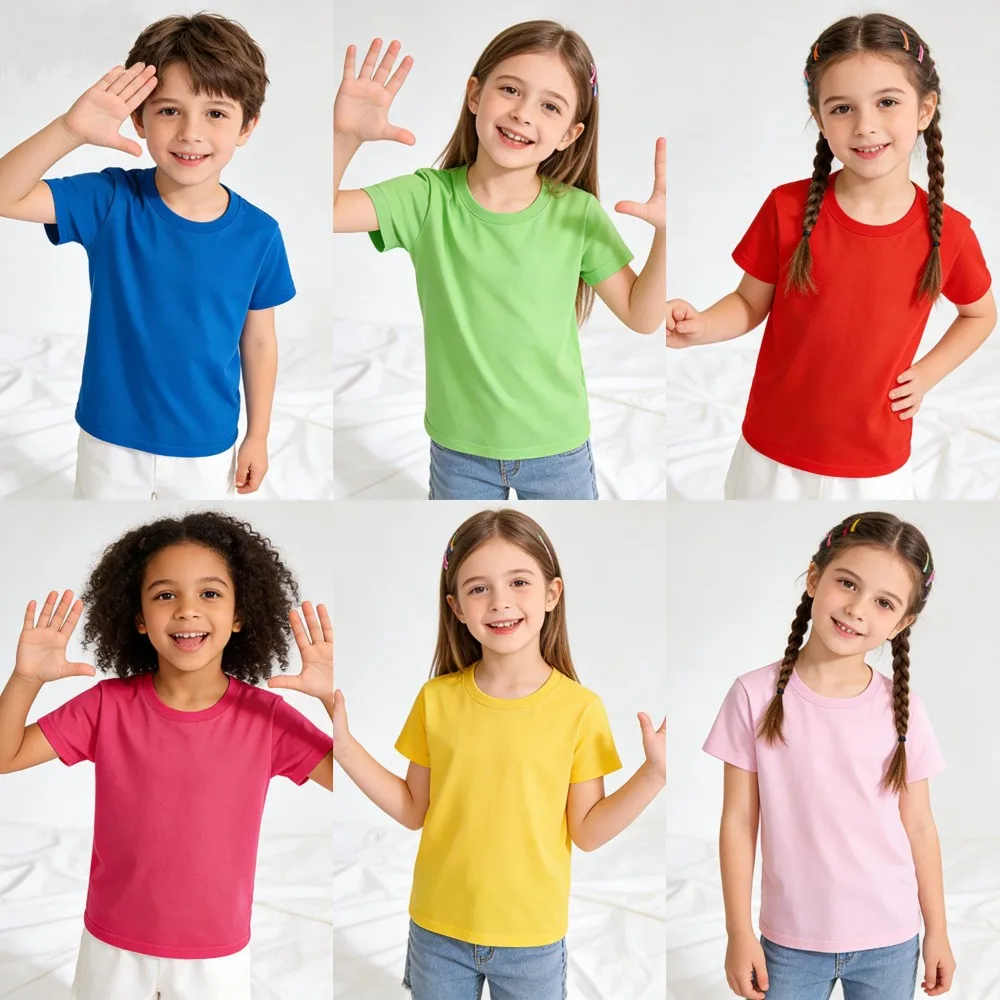 100% Cotton Boys Girls Tshirts Plain Kids T Shirt Toddler Baby 1 2 3 4 5 6 7 8 9 10 11 12 13 14 Years White Pink Summer Clothes