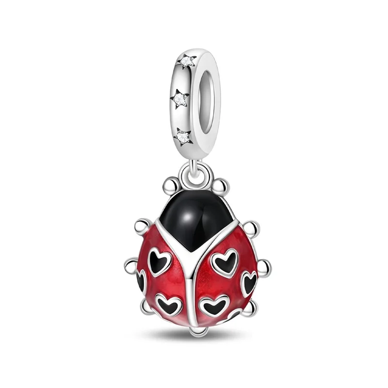 New 925 Sterling Silver Heart Enamel Ladybug Charms Bead CZ Zircon Dangle Fit 3mm Original Bracelet DIY Women Jewelry