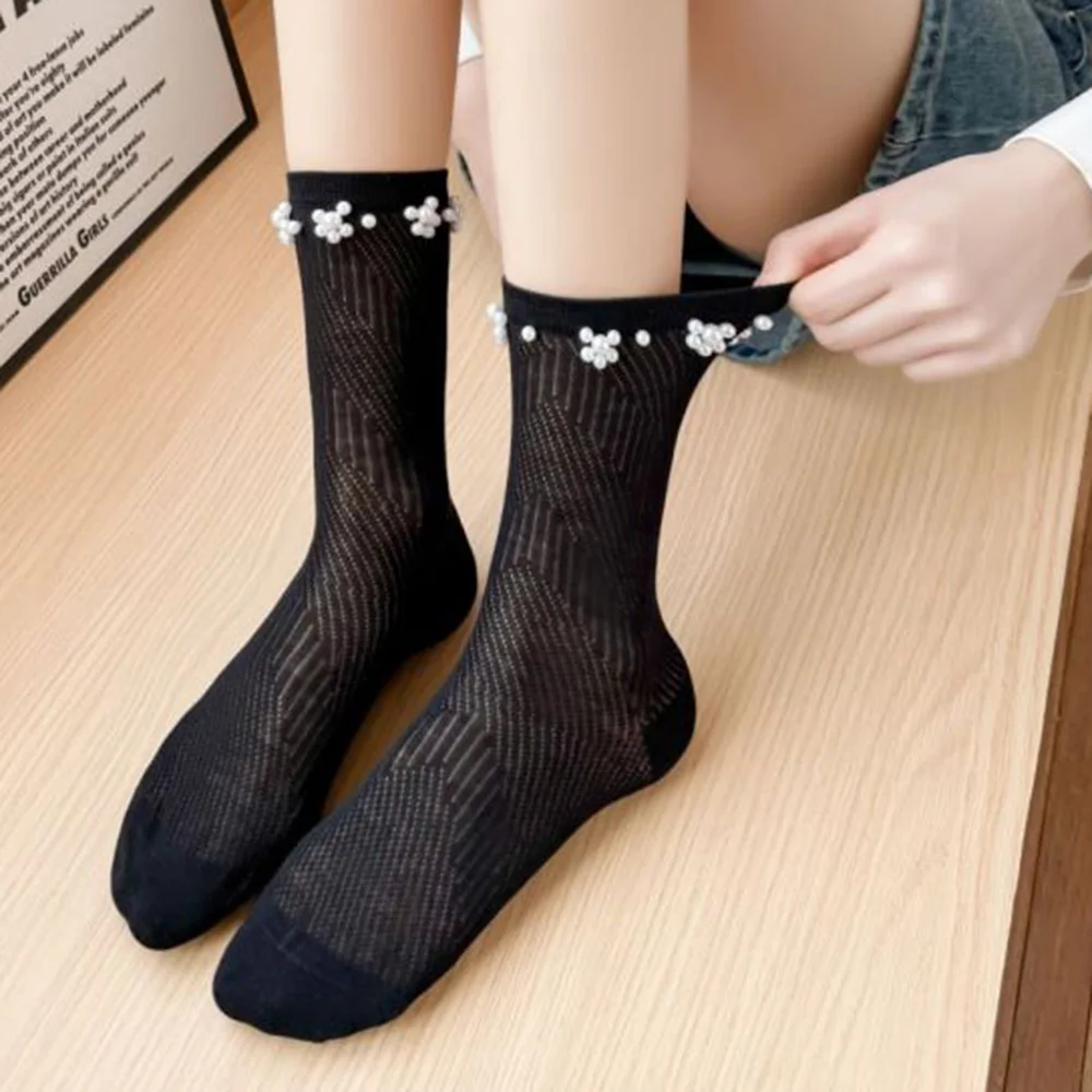 2 Pair Pearl Accessories Socks Women Fashion Street Style Lolita Spring Summer Thin Socks Breathable Middle Tube High Quality