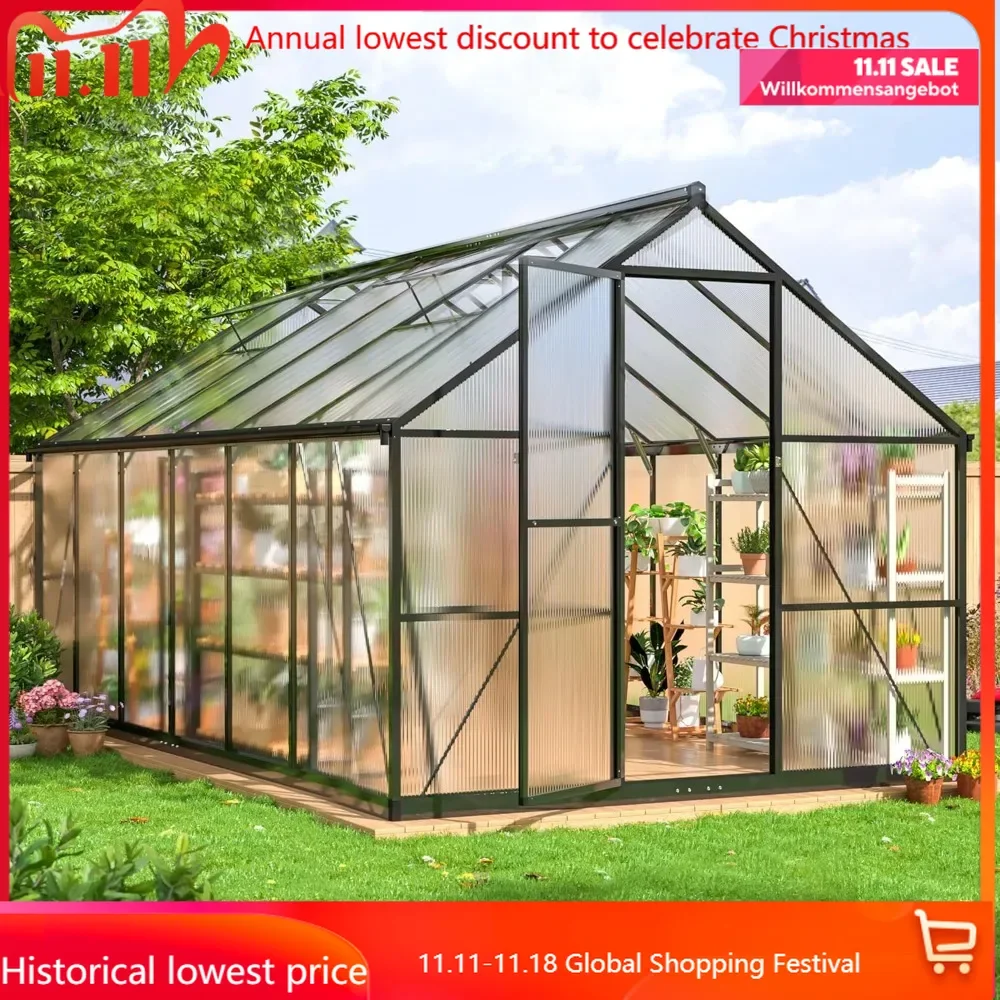 

Greenhouse for Outdoors, Quick Setup Polycarbonate Greenhouse with Roof Vent, Aluminum Large Walk-in Greenhouse for Outs