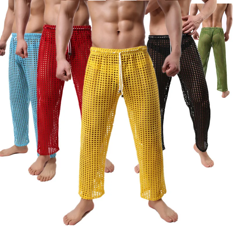 

Men Sexy Hollow See Through Sleep Bottoms Large Mesh Gay Pajama Leggings Loose Homewear Pants Lounge Sexy Sleepwear Men Trousers