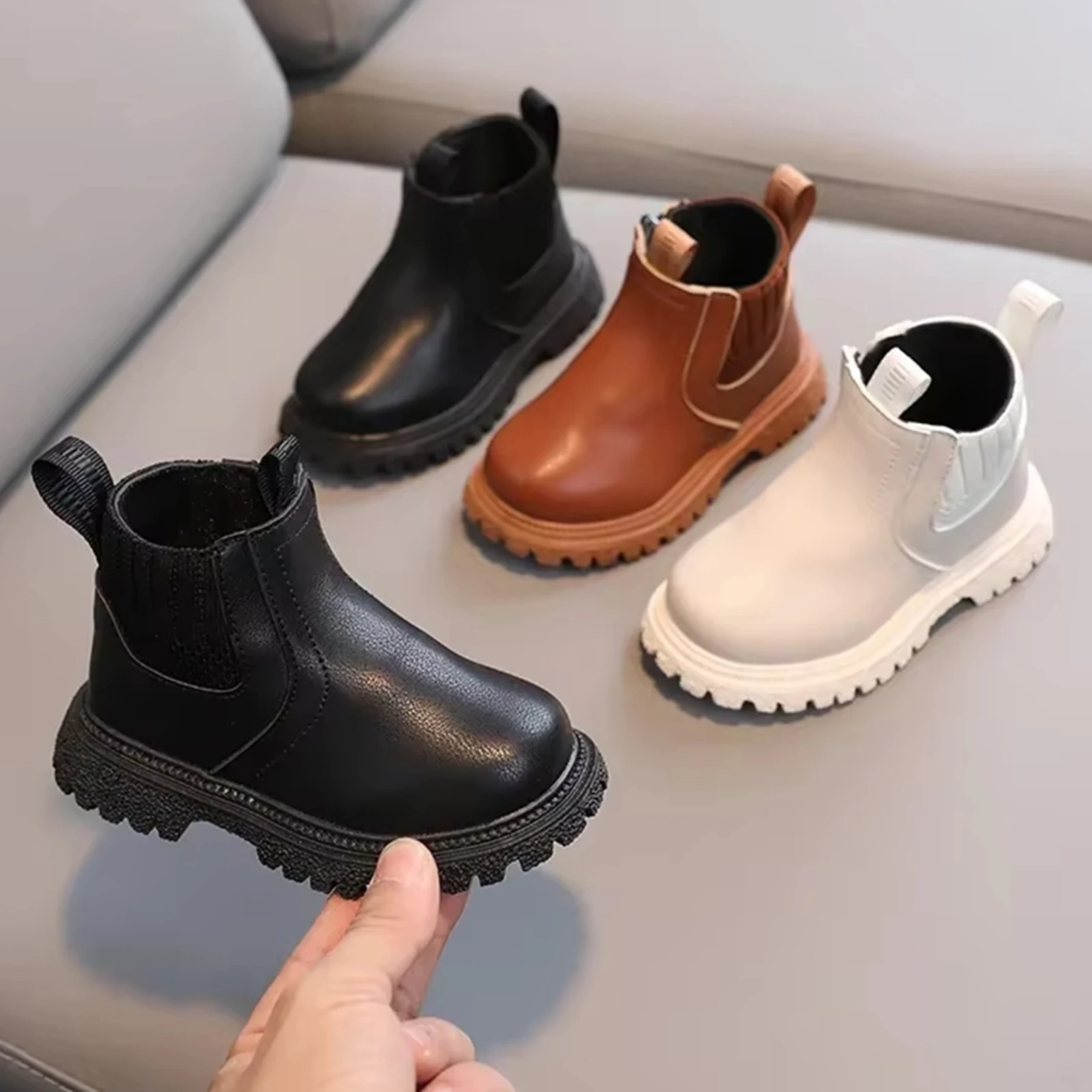 2026 Spring New Children's Slip-On Boots Soft PU Leather Short Boots British Fashionable Daily Causal All-Match Single Boots