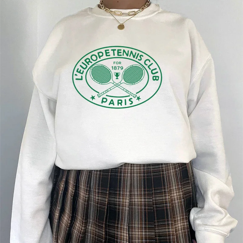 L\'EUROPE Tennis Club Paris Retro Style White Jumper Long Sleeve Loose Cotton Crewneck Autumn Winter Pullover 80s 90s Sweatshirts