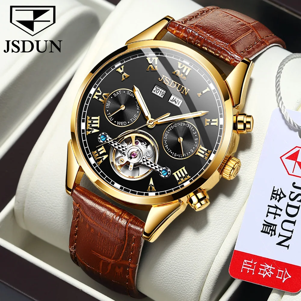 

JSDUN Best Selling Fashion Automatic Mechanical Watch for Men High Quality Original Leather Strap Waterproof Men's Wrist Watches