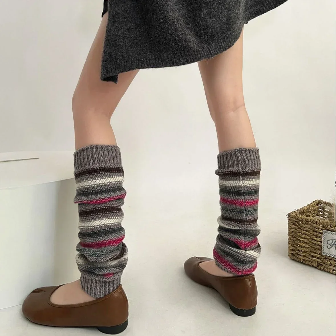 Women Autumn Winter Leg Warmers Warm Knitted Foot Cover Knee Socks JK Girl Lolita Striped Long Socks Stockings Women Leg Warmers