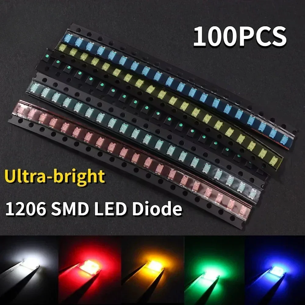 100PCS 1206 SMD Zestaw diod LED Wielokolorowe opakowania próbne Niebieskie Żółte Zielone Białe Czerwone Diody LED Zestaw elektroniki DIY