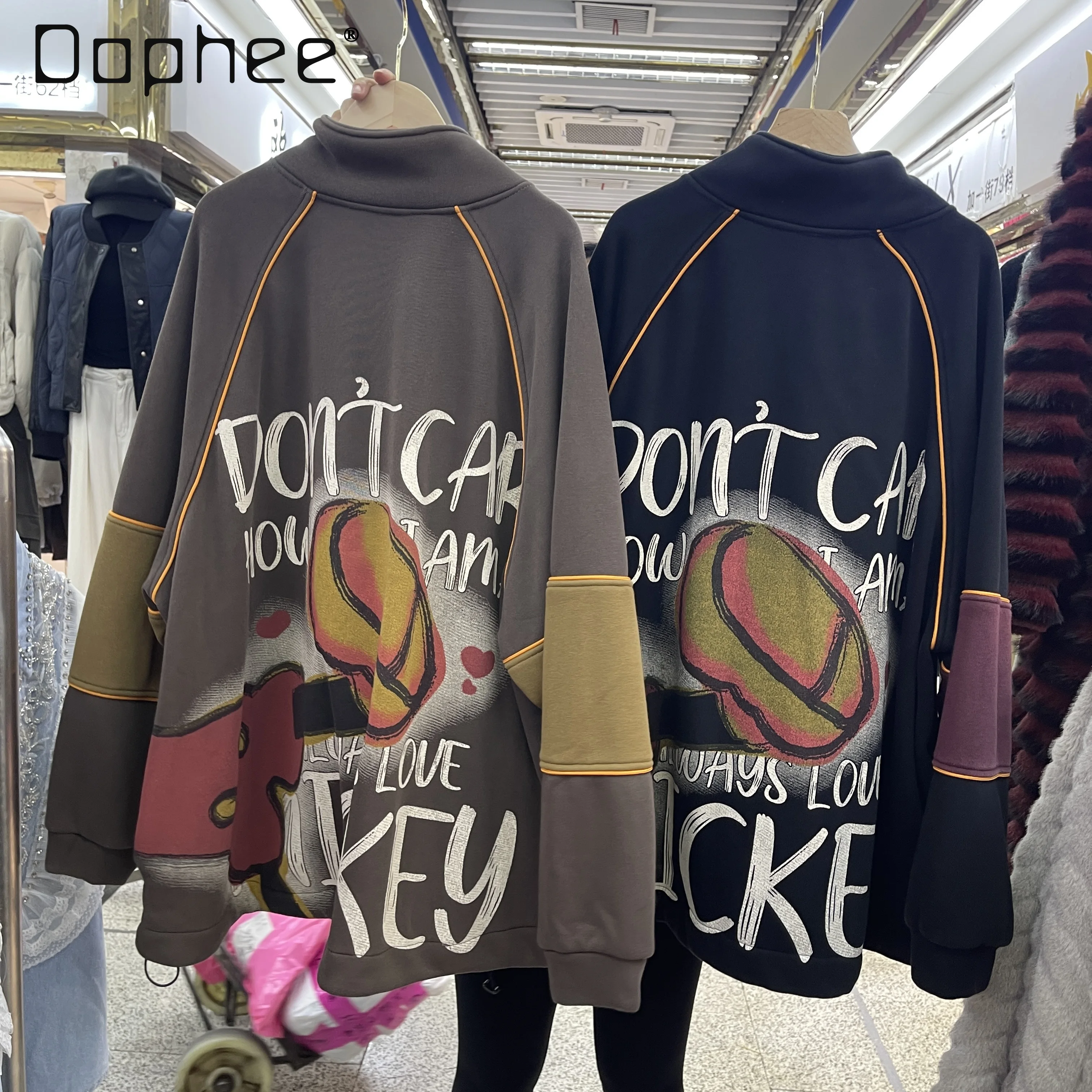

Fleece Stand Collar Jacket 2025 Autumn Winter New Loose Mid-Length Cartoon Print Zipper Vintage Sweatshirt Streetwear Women