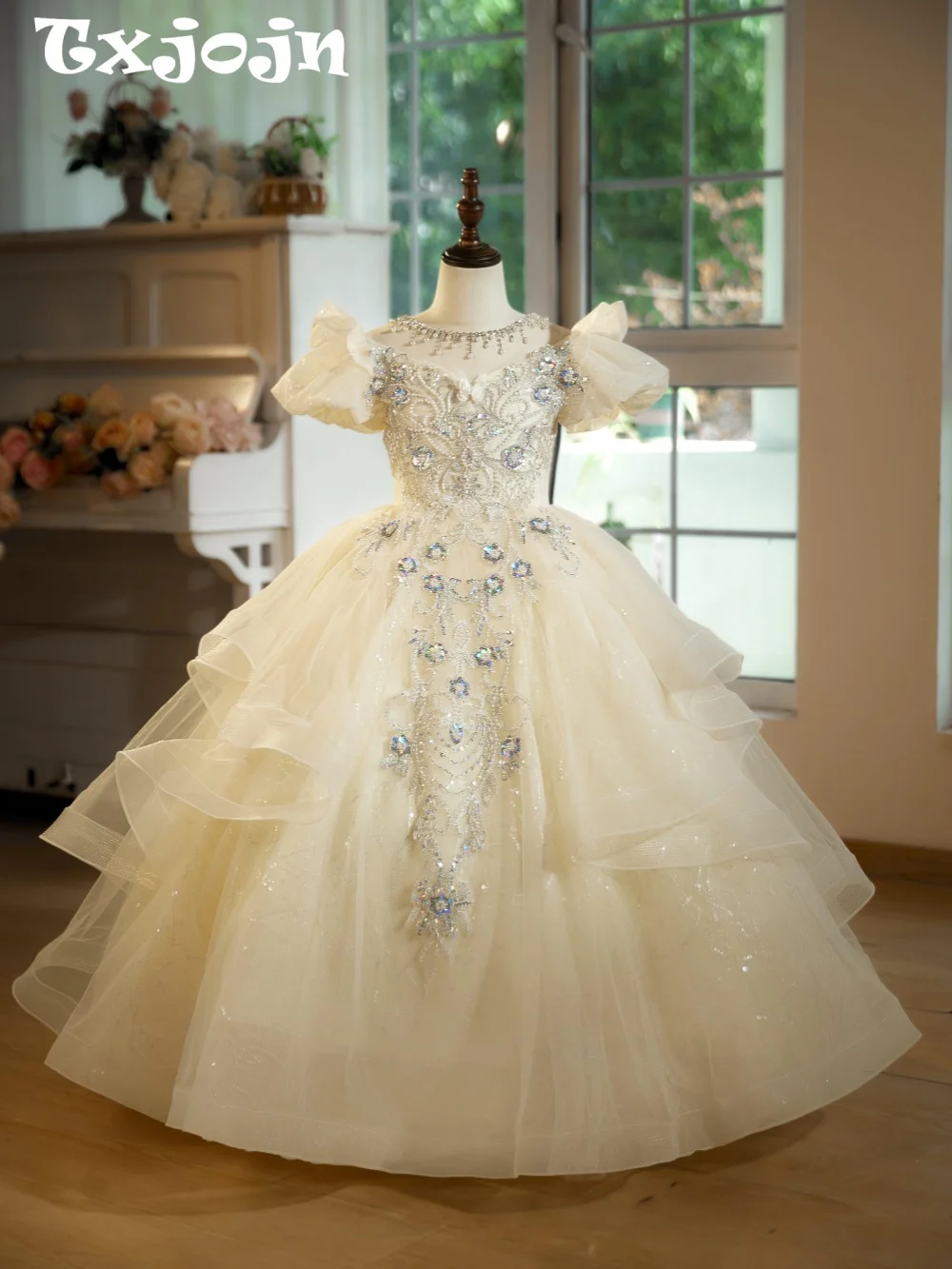 Luxury Embroidery Beaded Girls Dresses For Birthday Party Elegant Sweet Puff Sleeve Kids Pageant Gown Wedding Guest Wear 2-14Y