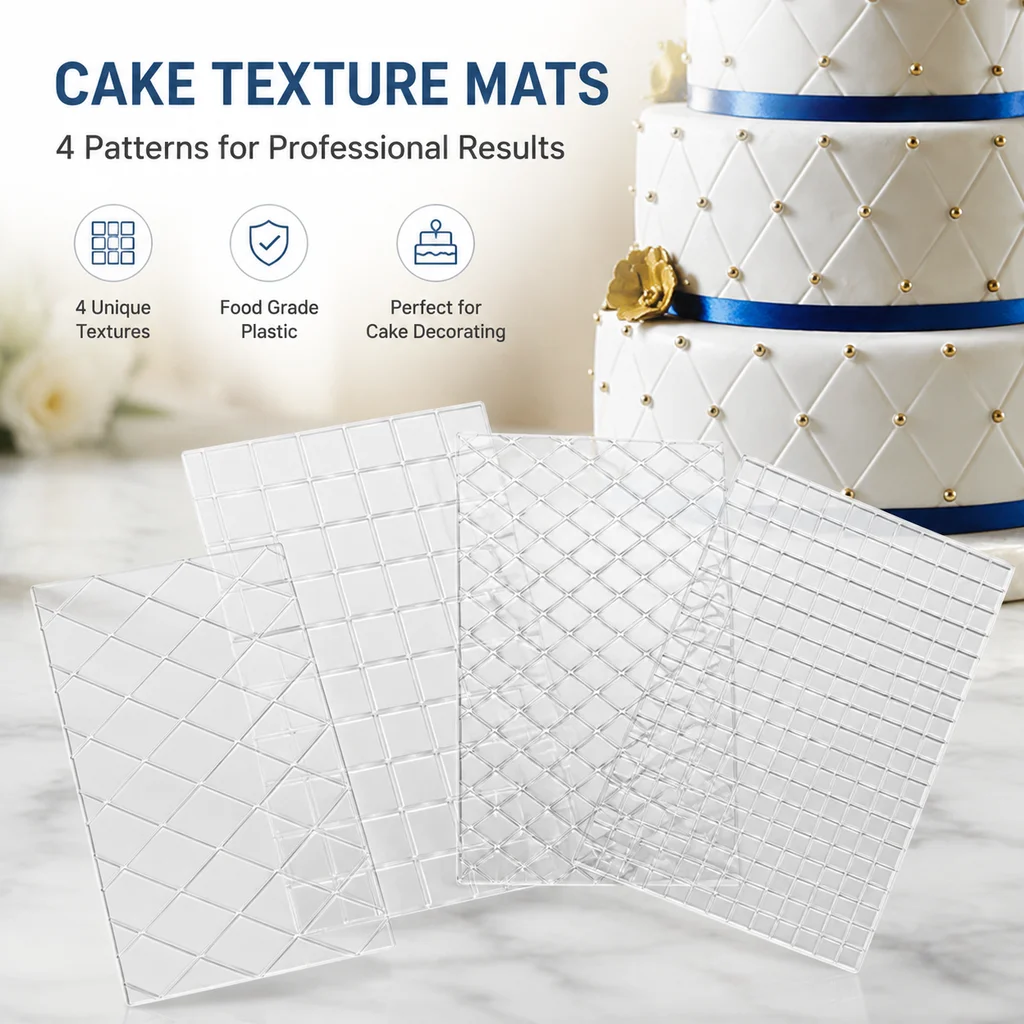 4Pcs Cake Embossing Texture Sheets Transparent Plastic Fondant Mold Border Mat Rattan Check Pattern Dessert Decorating Tool