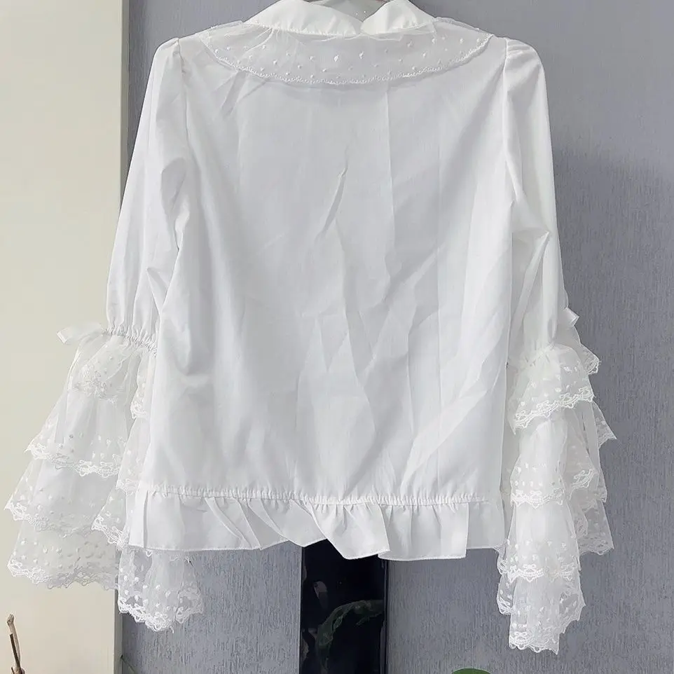 Y2K – chemises esthétiques gothiques Vintage pour femmes, hauts décontractés à manches longues, solides, chemises Lolita japonaises, chemisiers en dentelle avec nœud mignon Kawaii