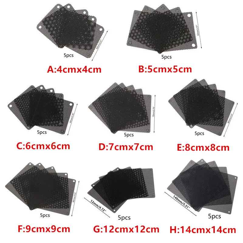 5PCS PVC Fan Dust Filter PC Dustproof Case Cuttable Computer Mesh Cover 40mm 50mm 60mm 70mm 80mm 90mm 120mm 140mm Mesh Black