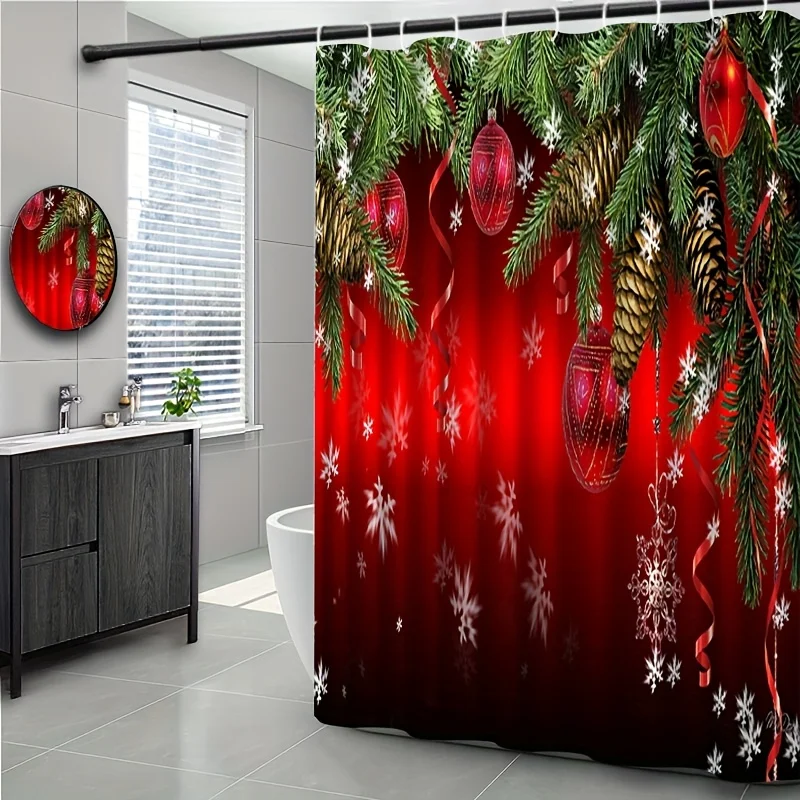 1pc Red Snowflake & Pine Branch Christmas Shower Curtain with Hooks - Winter Snowflakes on Red Background, Machine Washable Fabr