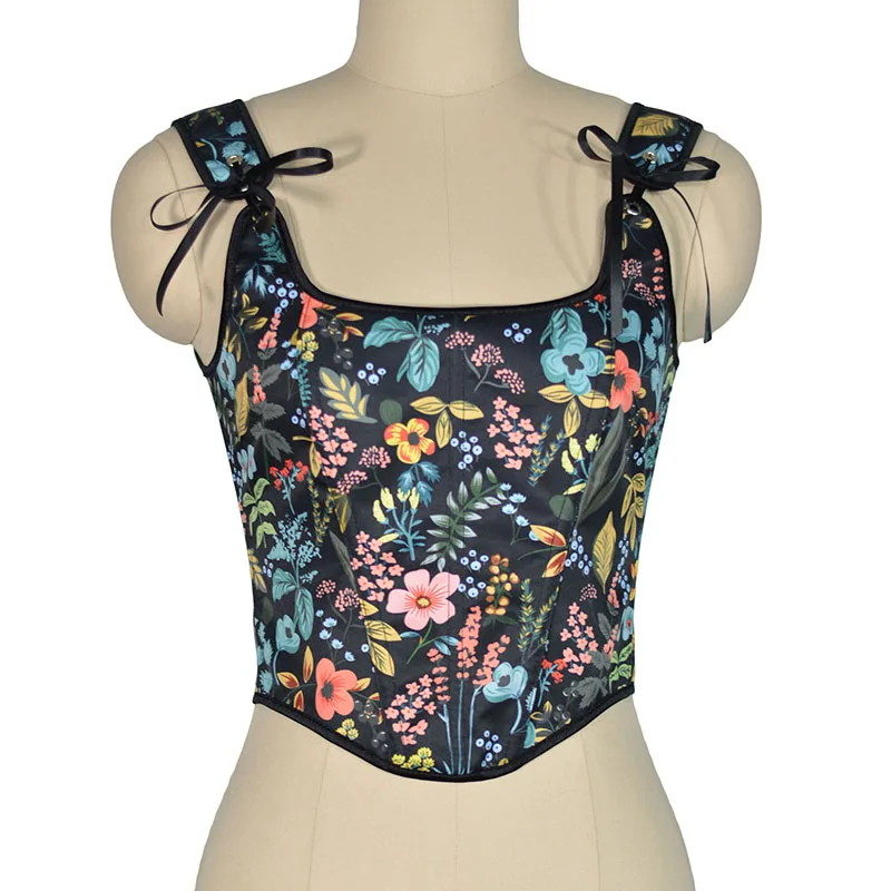 

French Style Black Botanical Renaissance Corset Tops for Women