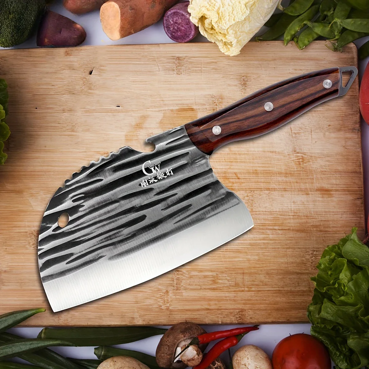 Durable satin kitchen knife, stainless steel blade,sharp fish killing knife, wooden handle for home kitchens and outdoor cooking