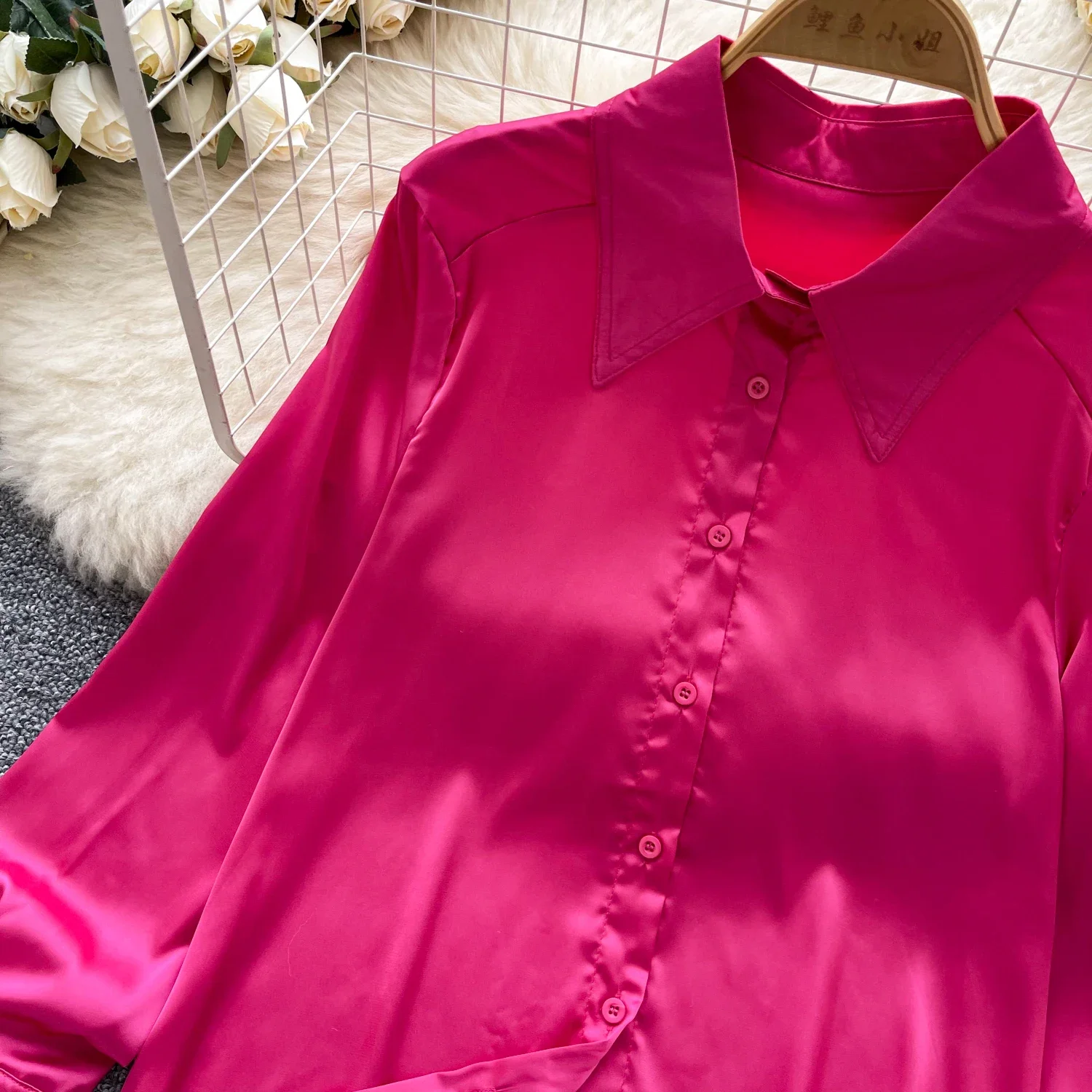 Vintage Polo-neck Basics Long Sleeve Slim Single Breasted Chic Satin Loose Top Korean Streetwear Women High Street Autumn Blouse
