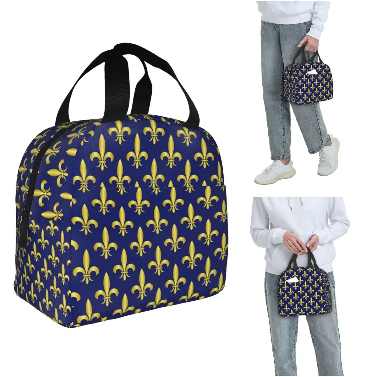 

Золотисто-синяя термосумка для обедов с узором Fleur De Lis Royal Lily для женщин и детей, герметичная, для хранения продуктов, термосумка-тоут