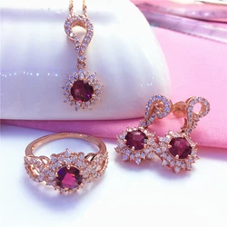 585 Purple Gold Plated 14K Rose Gold Chain Ruby Set necklace earrings rings luxury ladies wedding engagement jewelry