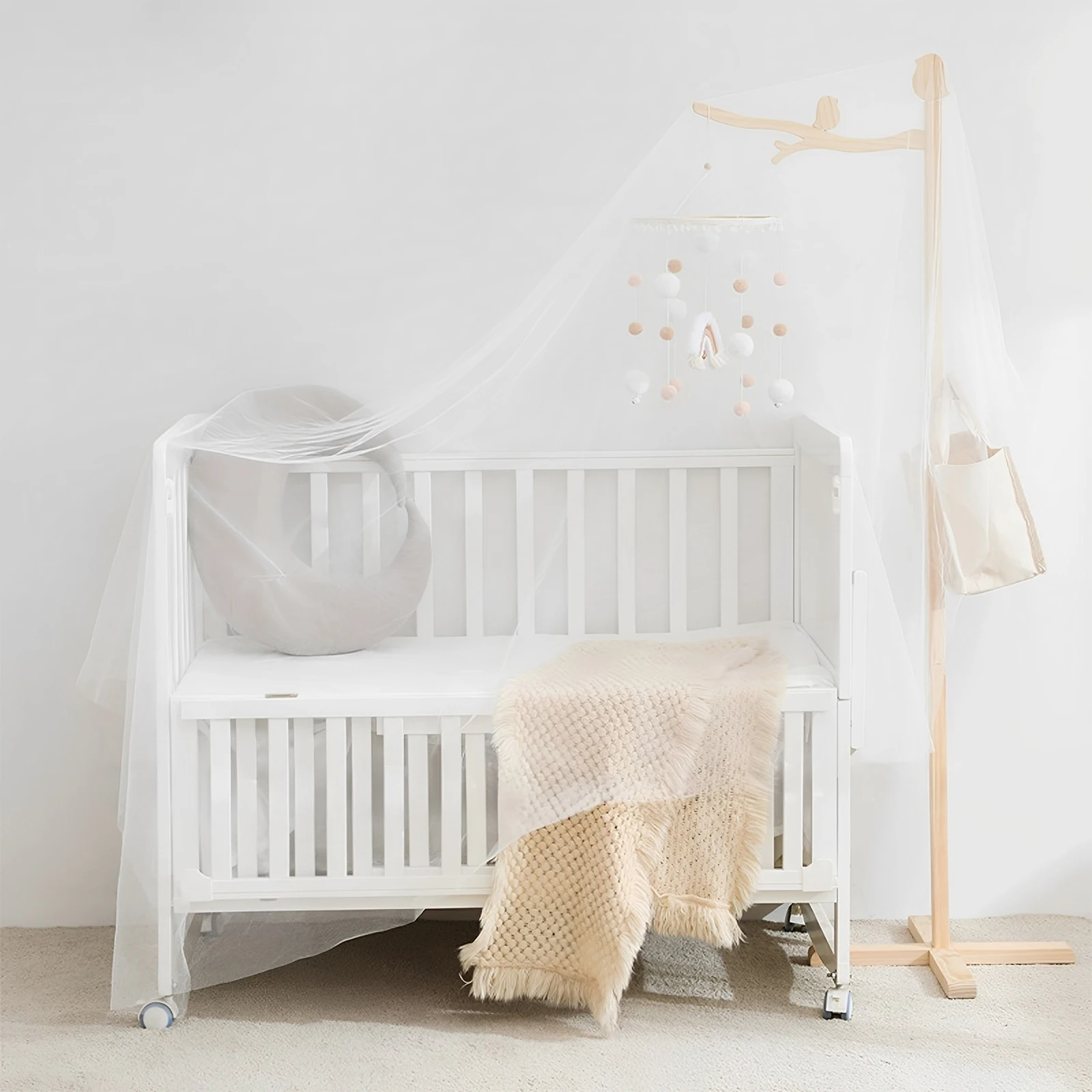 Crib Mobile Arm Wooden Bed Bell Floor-standing Mosquito Net Hanging Rod for Nursery Hanging Rattle Toy Pole Mobile Hanger Holder