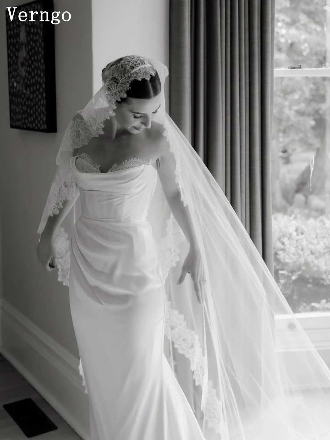 Verngo Prosta Satynowa Klasyczna Suknia Ślubna Dekolt w Serek Syrena Maxi Suknie Ślubne Damskie Suknie Ślubne do Sesji Zdjęciowych Suknia Ślubna vestido de noiva