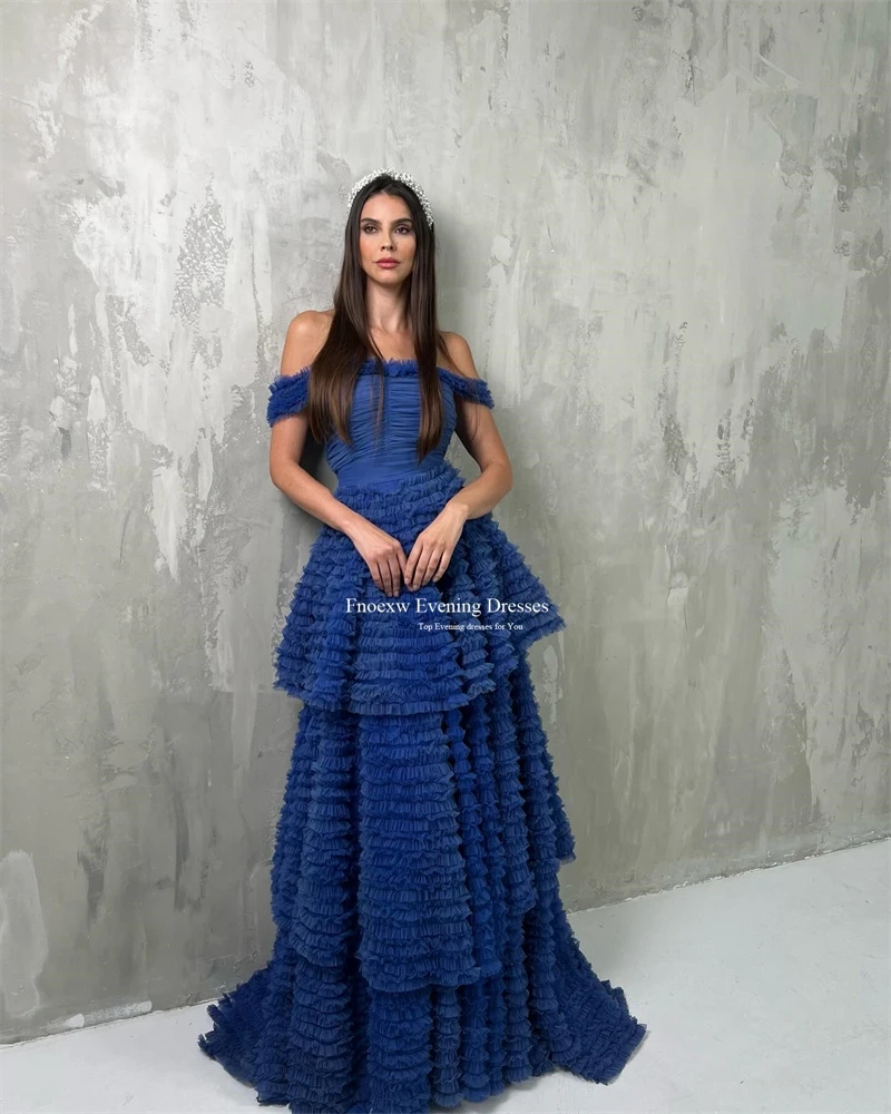 Fnoexw Royal Blue Prom Dresses Vestidos De Gala Strapless Robes De Soirée Skirt Tiered Ruched Tulle Arabia Dubai Party Dresses