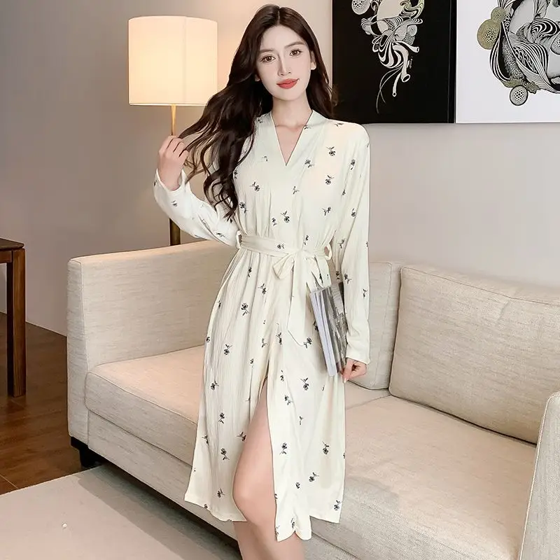 

Chinese Style Long Spring Autumn Nightgown Plus Size Women's Bathrobe Home Wear Thin Sleep Pajamas for Sleeping Woman Clothes