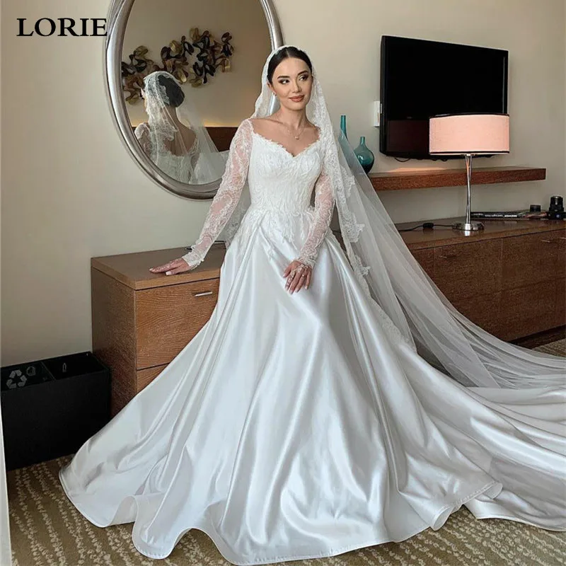 

LORIE Lace Long Sleeve Wedding Dresses Sexy V Neck A Line Bride Dress Vestidos de novia Sodt Satin Wedding Gowns