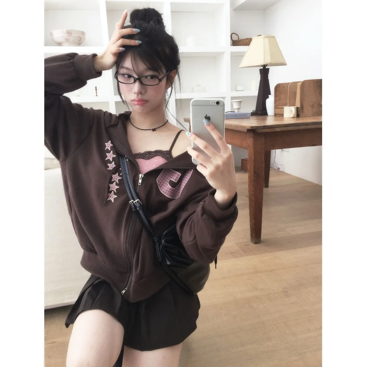 Thickened Fleece Hooded Zipper Jacket College Retro Star Letter Print Sweatshirt Women's Loose Fit Autumn Winter Fashion