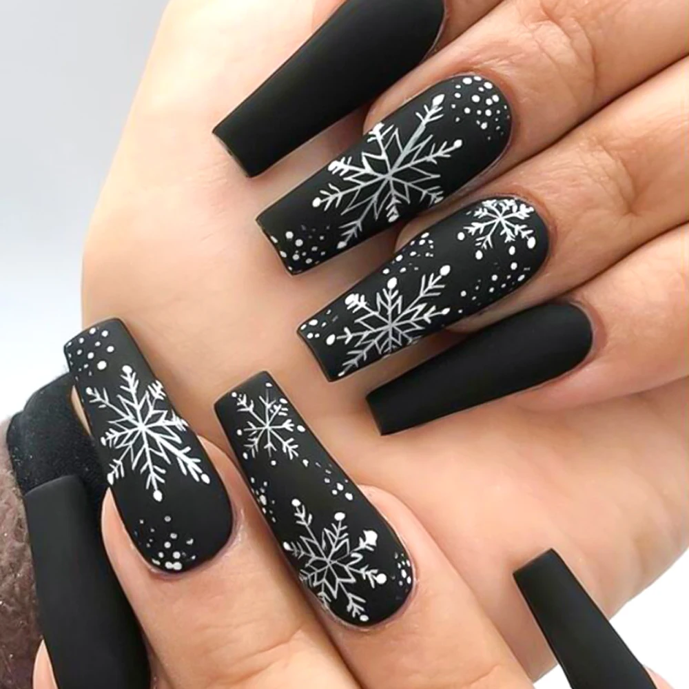 24pcs Christmas False Nail Black Long Ballet Nail Tips Extension Snowflakes Design Full Cover Wearable New Year Press On Nails