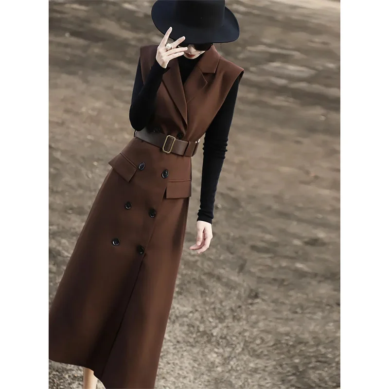 New French Style Luxury Long Vest Dress 2025Spring Autumn Temperament Double Breasted Sleeveless Suit Vest Dress Women Waistcoat