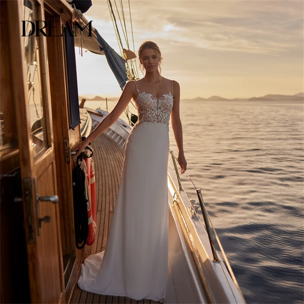 

DREAM Classic Lace Mermaid Wedding Dress Appliqued Boat-Neck Open Back Spaghetti Straps Bridal Gown Vestidos De Noiva Customized