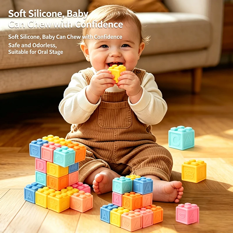Soft Building Blocks Toddlers Early Education Squeeze Stacker Cube Blocks Toy Children Baby Biteable Silicone Toy
