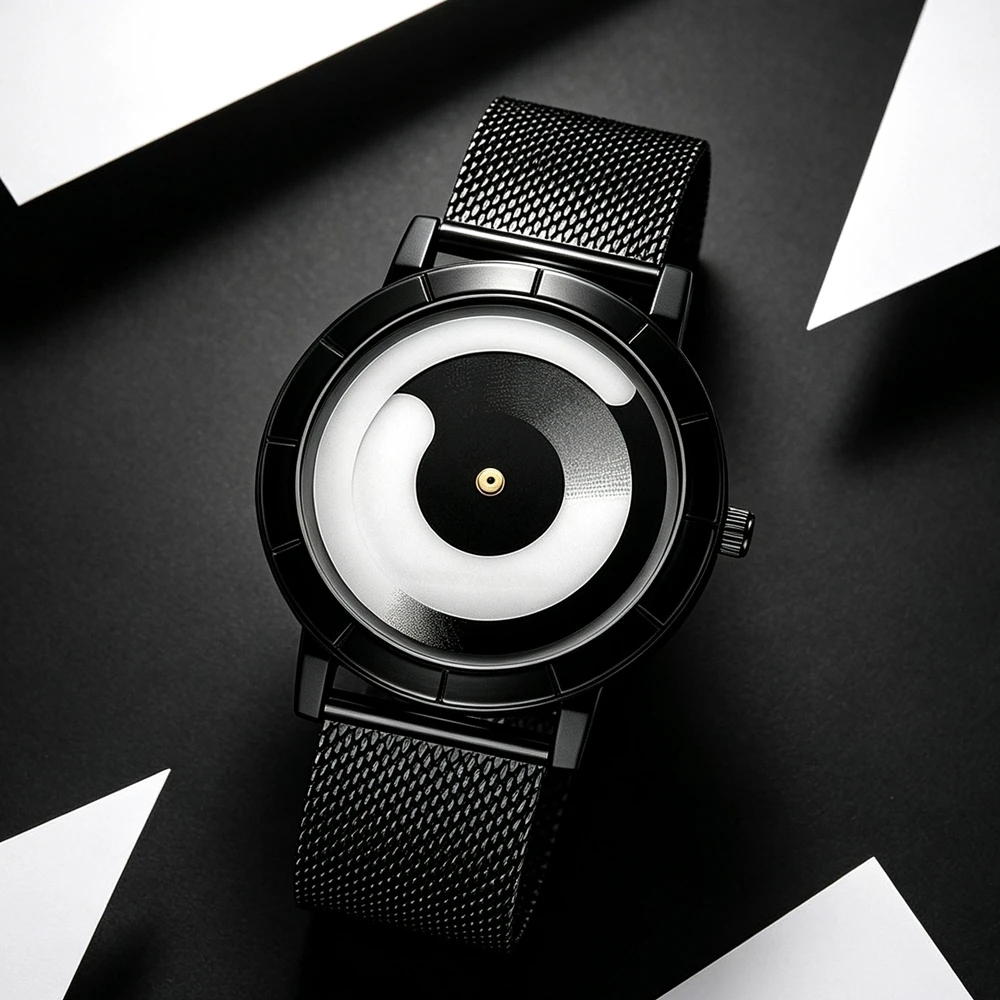 Fashion Men's Quartz Watch Funky Rotating Dial Magnetic Easy‑Wear Strap Premium Mesh Band Wristwatch for Business & Casual