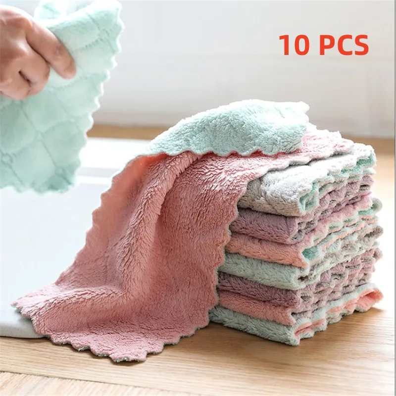 

10pcs Double-layer Absorbent Thicker Scouring Pad Rag Kitchen Non-stick Oil Dish Cloth Tableware Cleaning Wipes Kitchen Tools