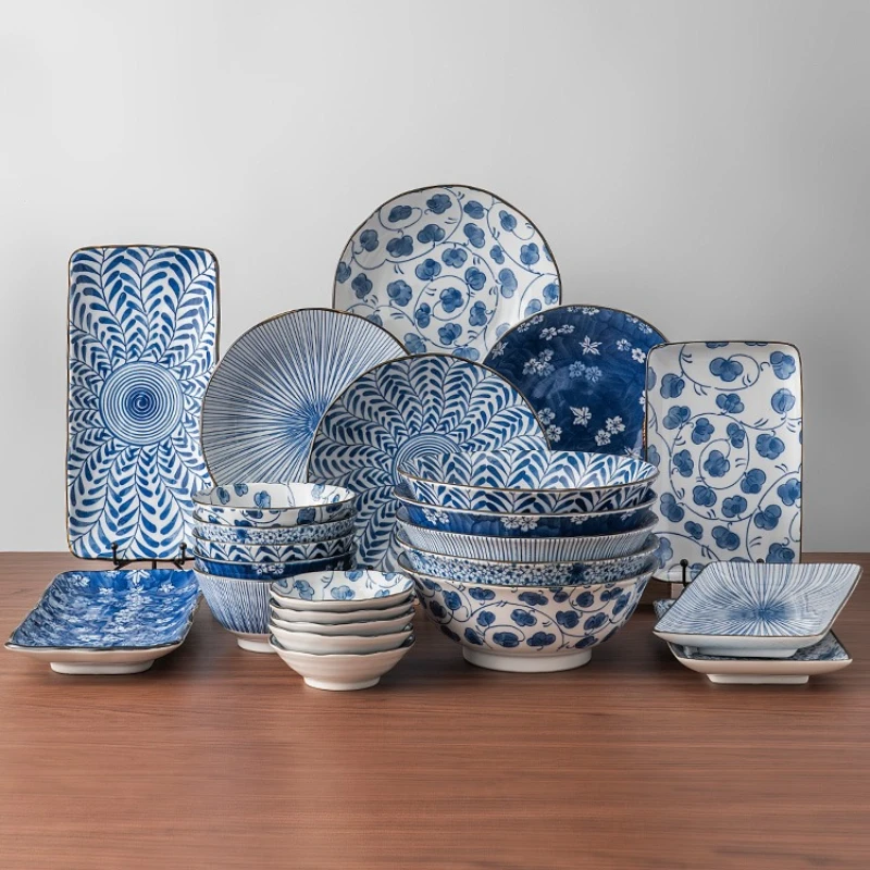 Japanese-style ancient dyed blue painted bowls, plates, tableware set, household rice bowl