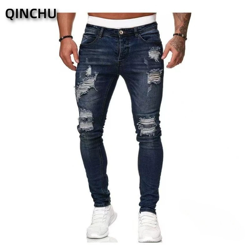 

Джинсы QINCHU из 80% хлопка, мужские, облегающие, рваные, в стиле хип-хоп, уличная мода, брендовое качество, трендовый деним