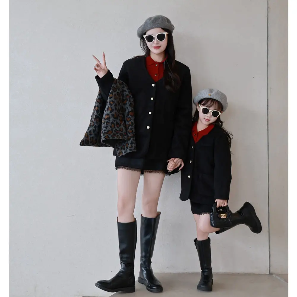 ‌2025 Winter Mother-Daughter Matching Set Korean Style V-Neck Blazer and Sparkle Skirt Outfit Women Girls Tweed Holiday Suit