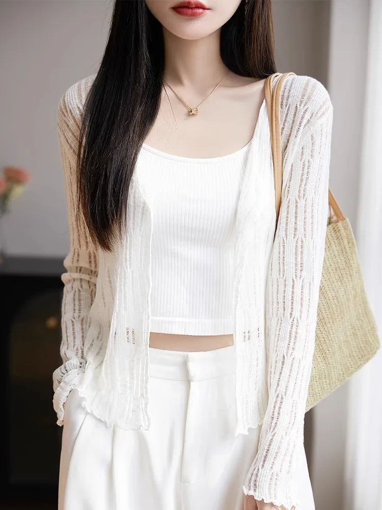 

Ice Sensation Long Sve Knitted Cr irt Women's V-Ne Hollow out Thin ort Outerwear oulder Padded Cardigan