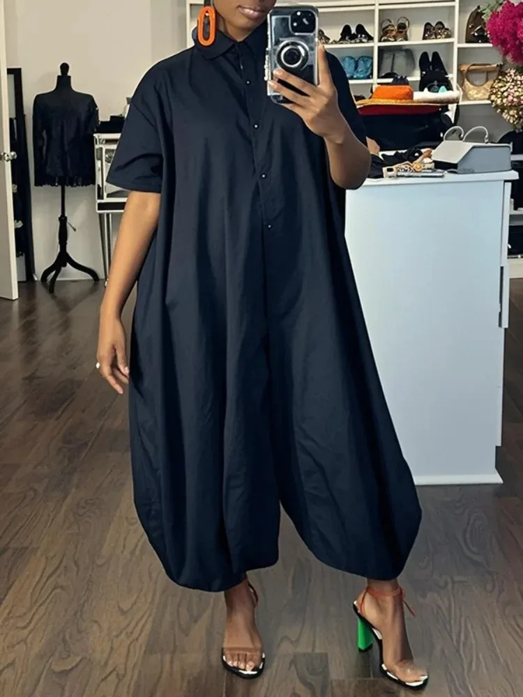 

Новый комбинезон-рубашка оверсайз однотонного цвета для женщин, с короткими рукавами, на пуговицах, с манжетами, брюки-баллоны, повседневный, из хлопка, 2026
