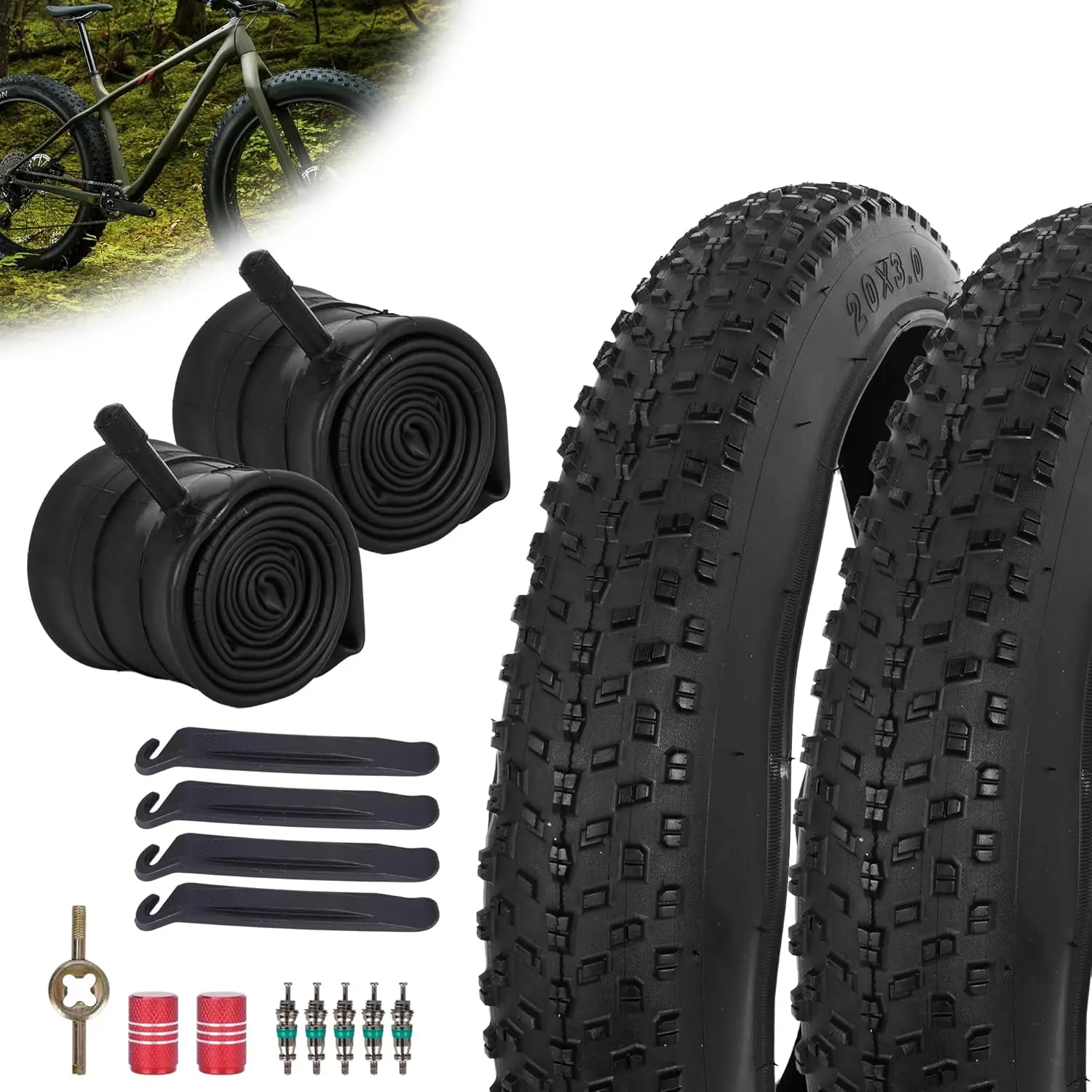 

20x4.0/20x3.0 Foldable Bike Tire & Tube Set with Tire Levers, Valve Tool for Electric/Mountain Bikes