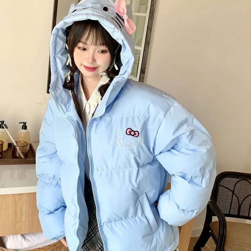 

New Hello Kitty Women's Padded Jacket with Cat Ear Hood & Embroidery Cute Winter Parkas Zipper Coat for Kawaii Fashion​ Clothing