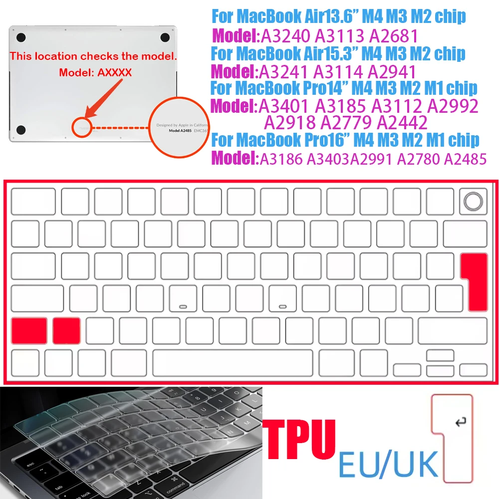 Klare, ultradünne TPU-Tastaturabdeckung für MacBook Air 13,6 13 Zoll M4 M3 M2 M1 Chip und Pro 14 13 15 16 Zoll EU- und US-Layout – Detail 19