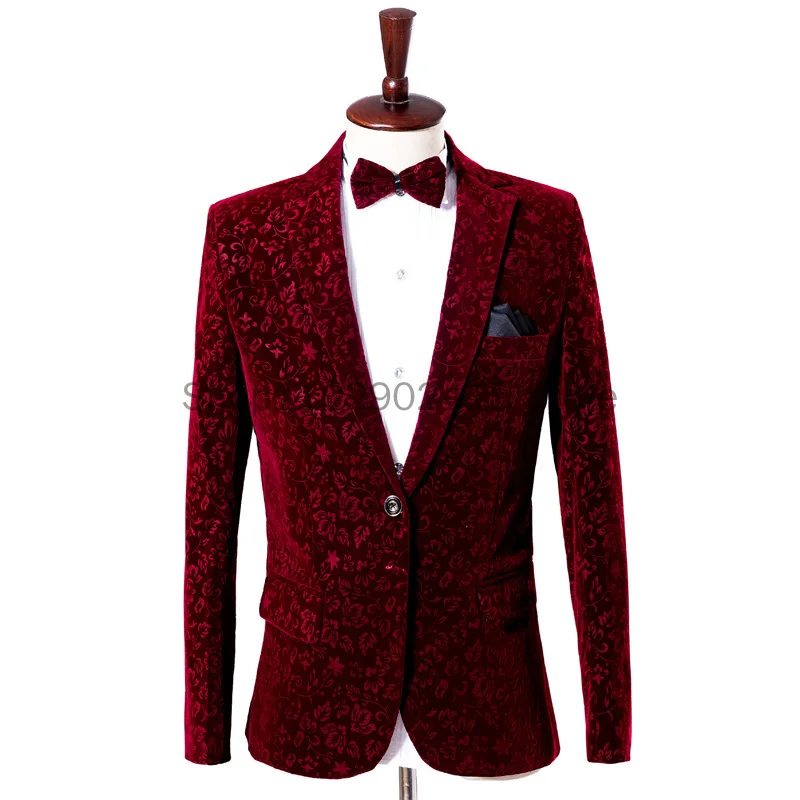 New Fashion Wine Red Wedding Formal Suit For Men 3pcs Velvet Jacquard Fabric Single Button Jacket Male Fancy Banquet Blazer Set