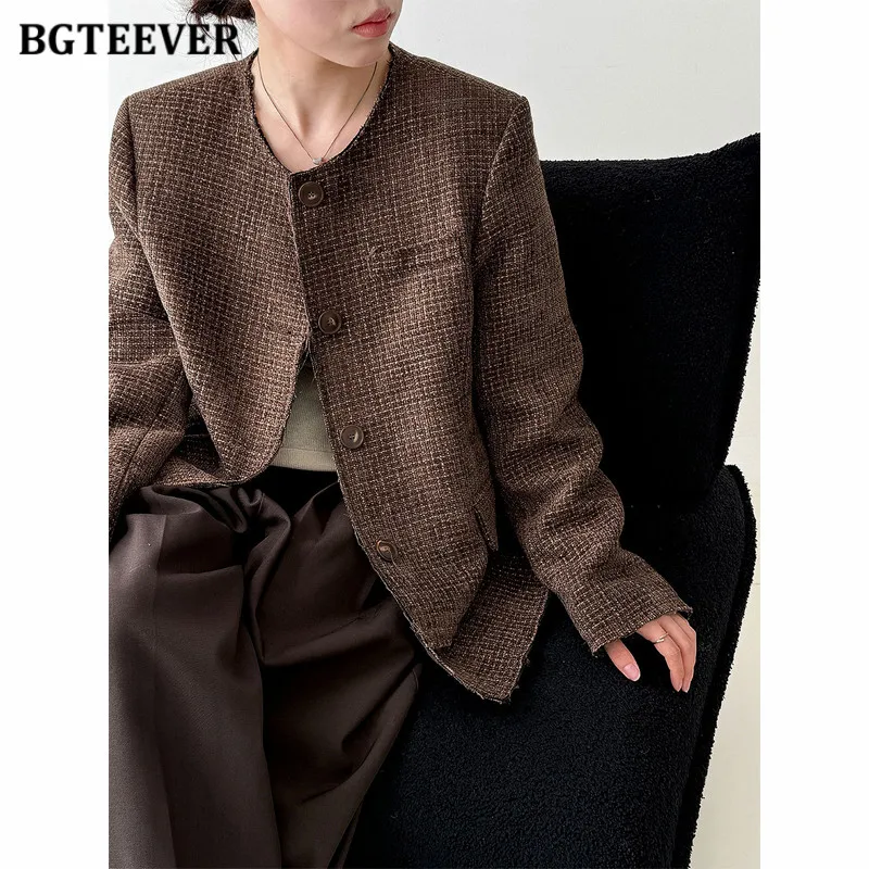 BGTEEVER Stylowe tweedowe marynarki damskie z okrągłym dekoltem, eleganckie, z długim rękawem i kieszeniami, idealne na jesień i zimę.