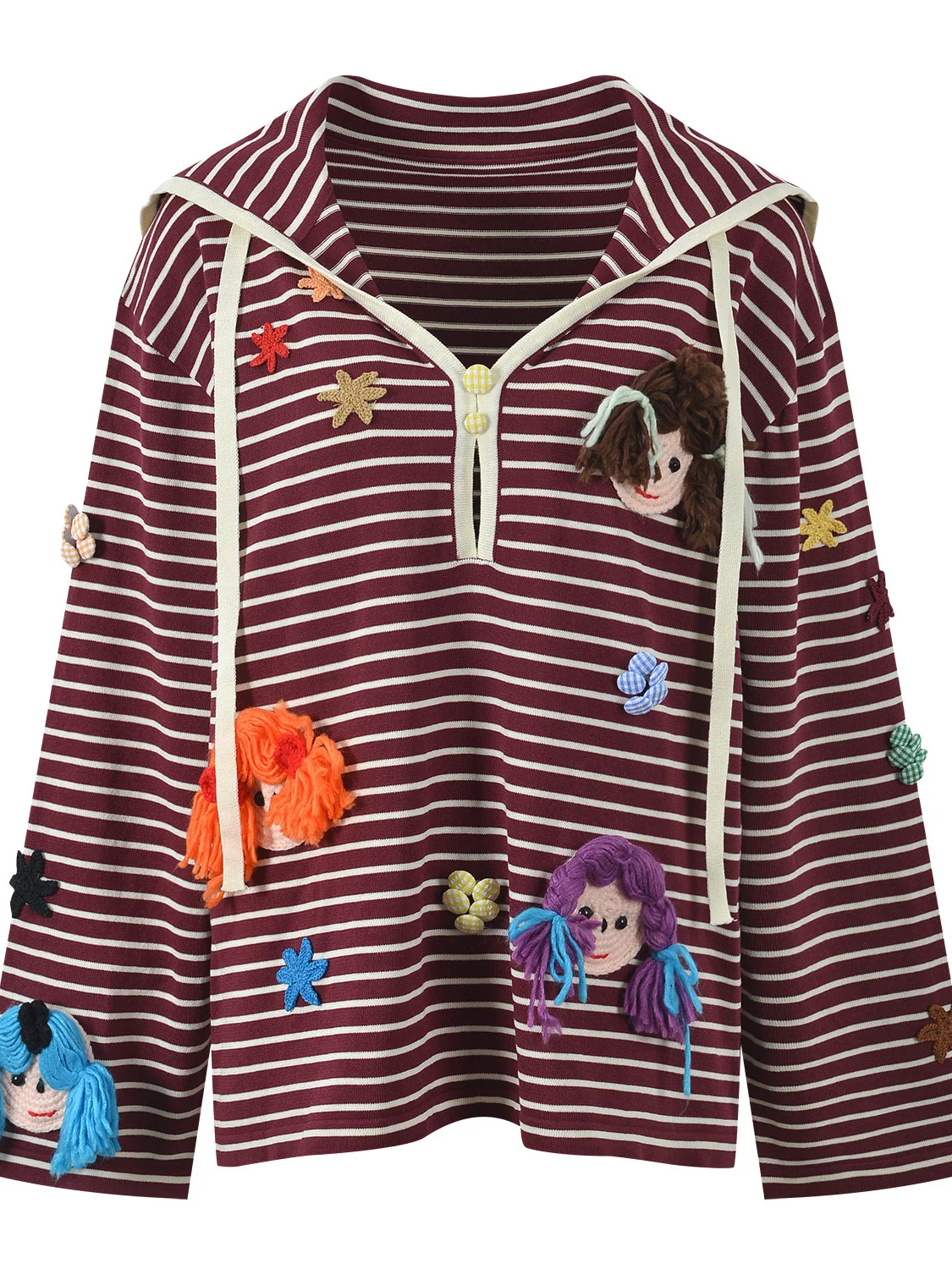 

Autumn 2025 New Sle Fre Sweet Happy Little Girl Navy Collar Long Sve Loose Knitted T-irt Top Warm Thermal Striped Pa...